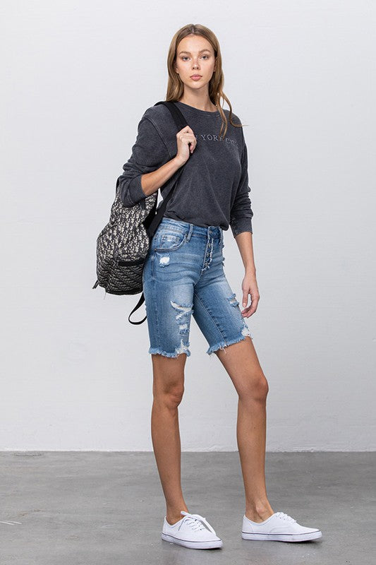 Denim Lab USA Frayed Raw Hem Ripped Bermuda Shorts