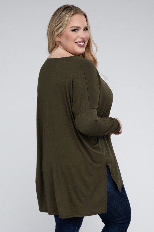 Zenana Plus Dolman Sleeve V-Neck Side Slit Hi-Low Hem Top