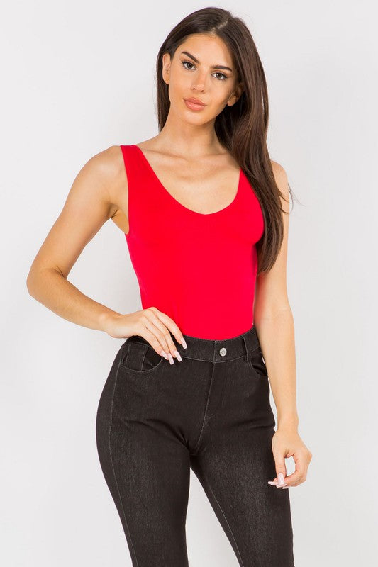 Yelete Reversible V-Neck Basic Tank Top Thong Bodysuit