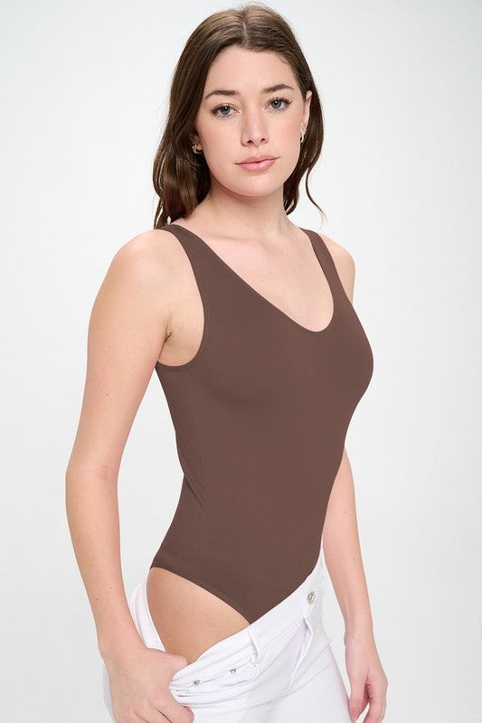Yelete Reversible V-Neck Basic Tank Top Thong Bodysuit