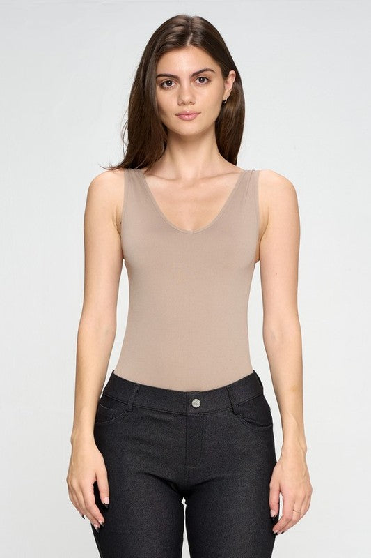 Yelete Reversible V-Neck Basic Tank Top Thong Bodysuit