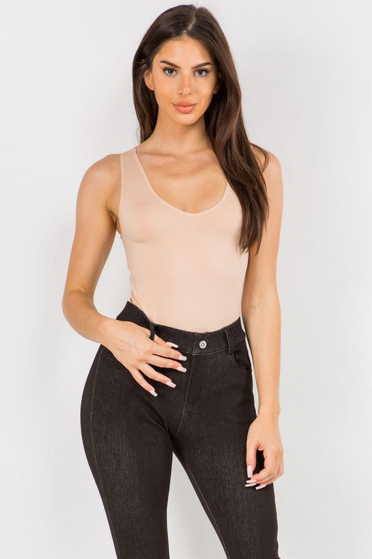 Yelete Reversible V-Neck Basic Tank Top Thong Bodysuit