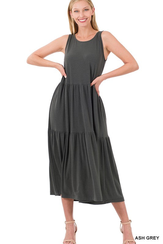 Zenana Sleeveless Tiered Midi Dress