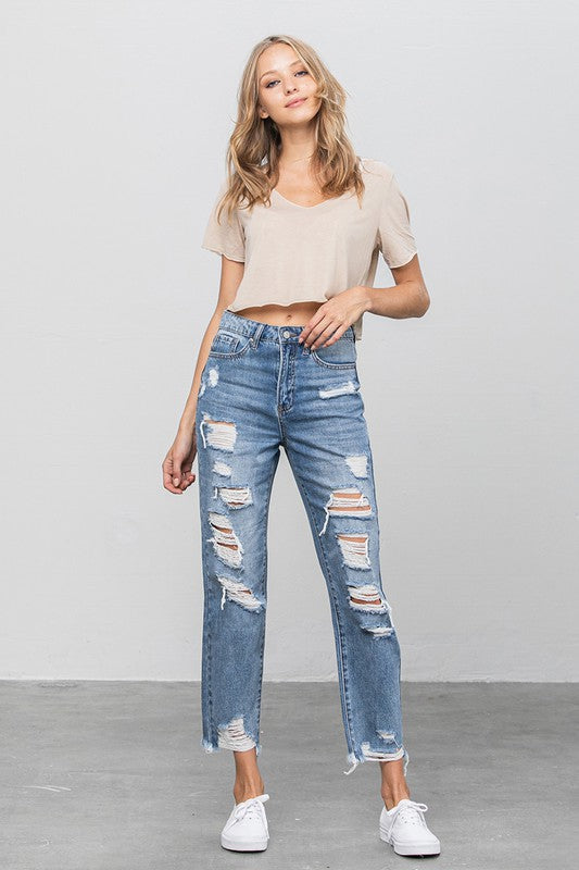 Denim Lab USA High Waist Ripped Raw Hem Girlfriend Jeans