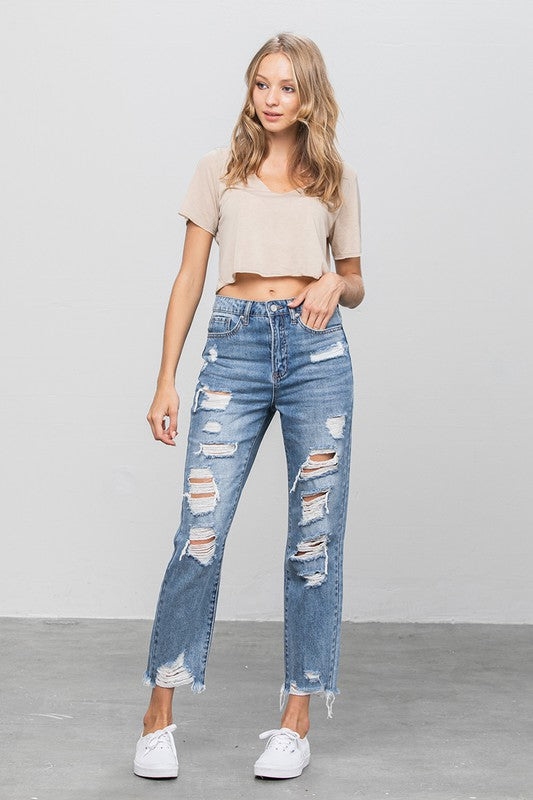 Denim Lab USA High Waist Ripped Raw Hem Girlfriend Jeans