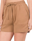 Zenana Cotton Drawstring Waist Shorts with Pockets - Online Only