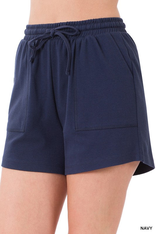 Zenana Cotton Drawstring Waist Shorts with Pockets