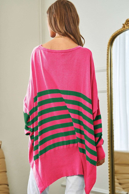 Davi &amp; Dani Multi Striped Elbow Patch Loose Fit Sweater Top