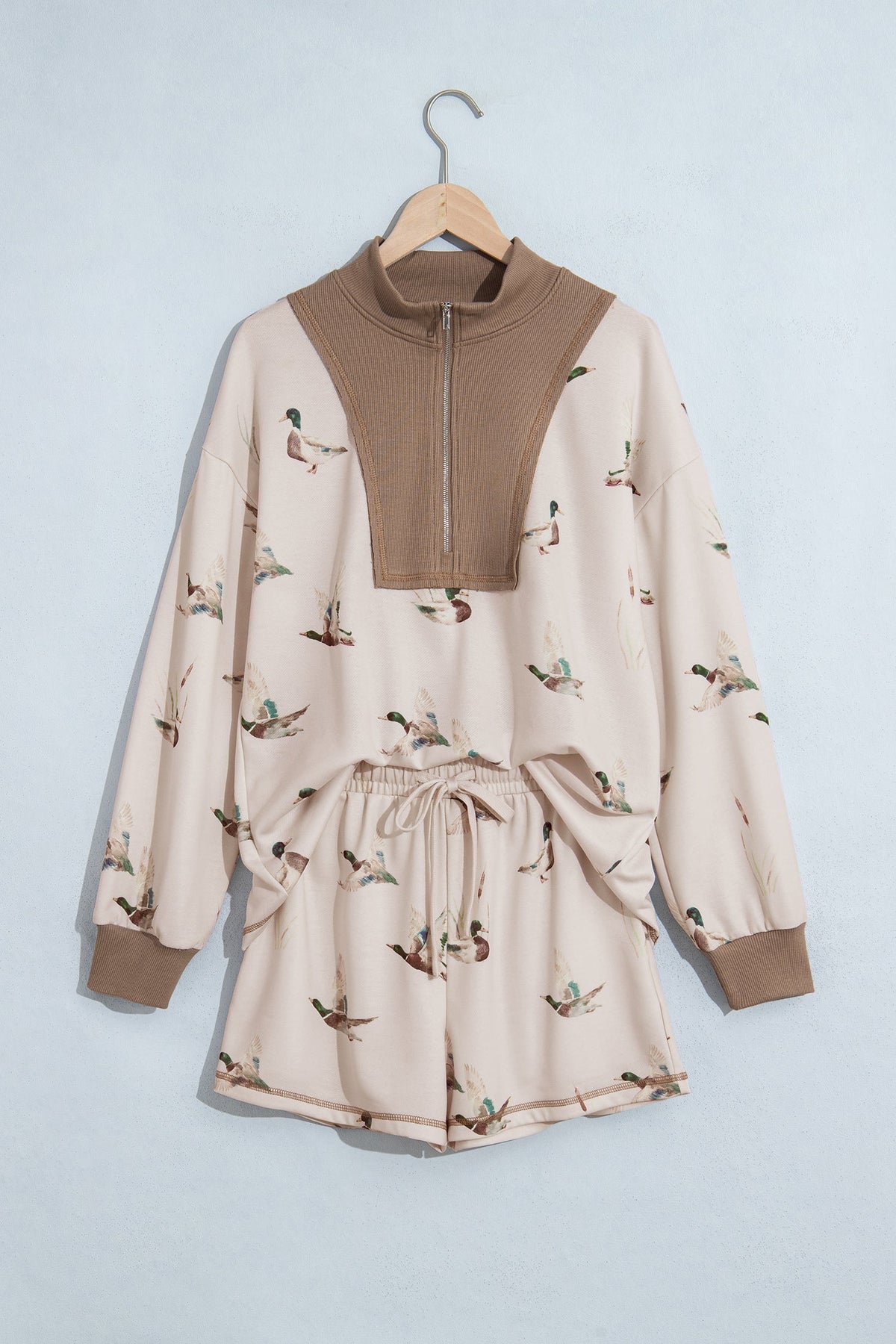 Mallard Duck Print Half-Zip Sweatshirt & Shorts Set