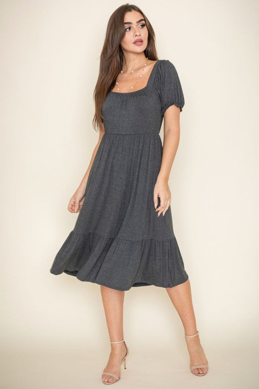 PLUS Square Neck Puff Sleeve Boho Dress