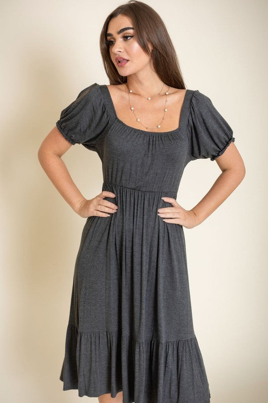 PLUS Square Neck Puff Sleeve Boho Dress