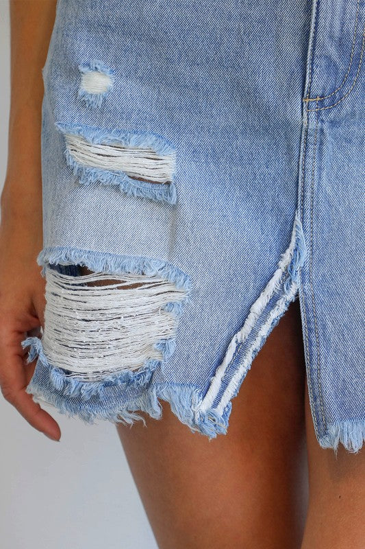 Denim Lab USA Split Middle Ripped Raw Hem Denim Skirt