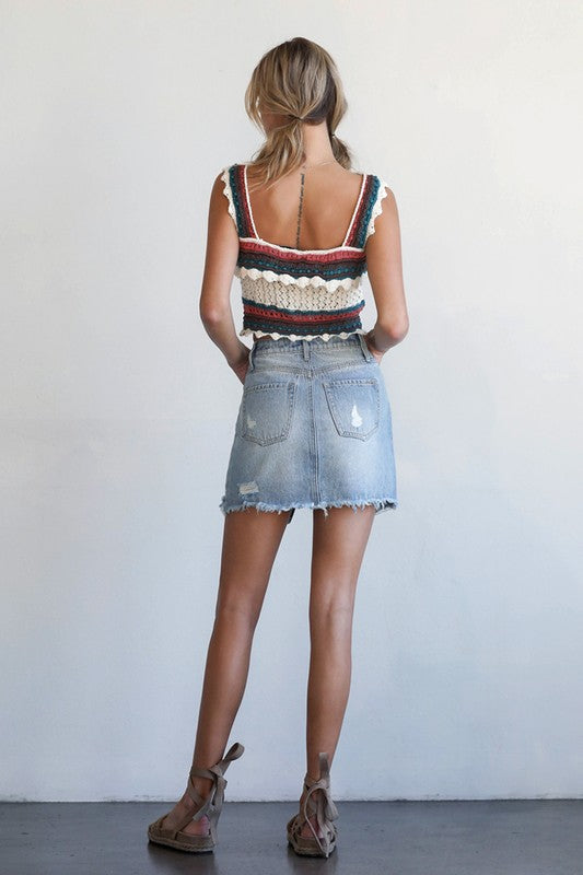 Denim Lab USA Split Middle Ripped Raw Hem Denim Skirt