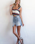 Denim Lab USA Split Middle Ripped Raw Hem Denim Skirt