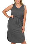 Zenana Plus Poly Cotton Drawstring Waist Curved Hem Dress - Online Only