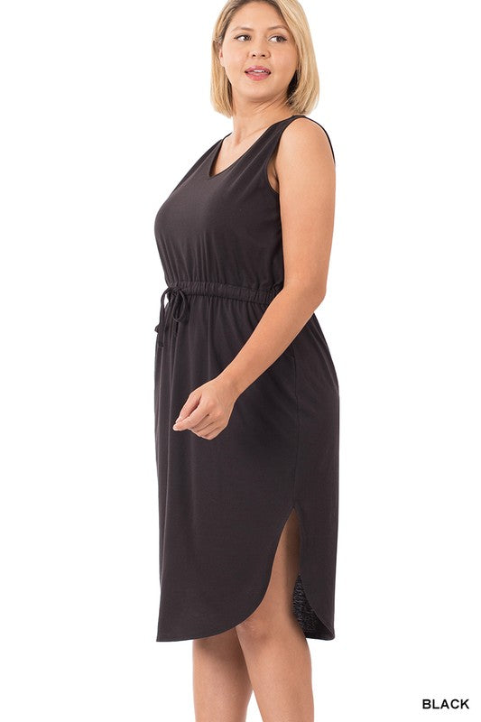 Zenana Plus Poly Cotton Drawstring Waist Curved Hem Dress - Online Only