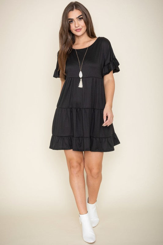 PLUS Solid Ruffle Triple Tiered Midi Dress