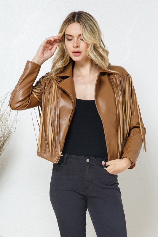 Faux Leather Moto Fringe Jacket - Online Only