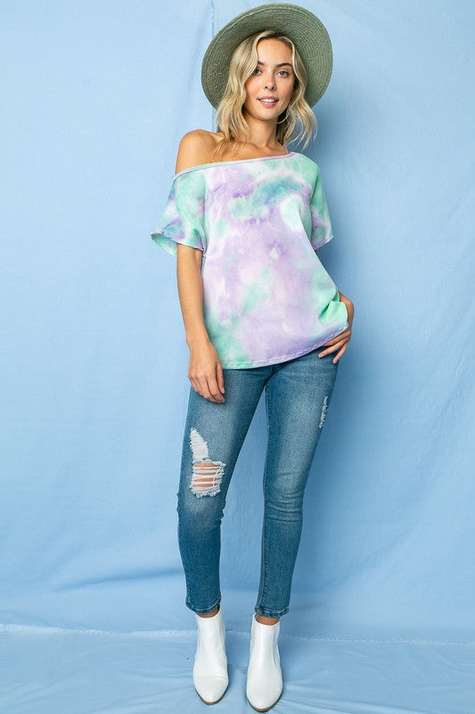 e Luna Tie Dye Thermal One Shoulder Short Sleeve Top