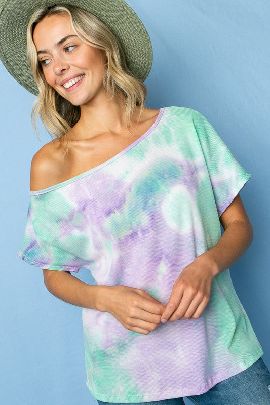 e Luna Tie Dye Thermal One Shoulder Short Sleeve Top