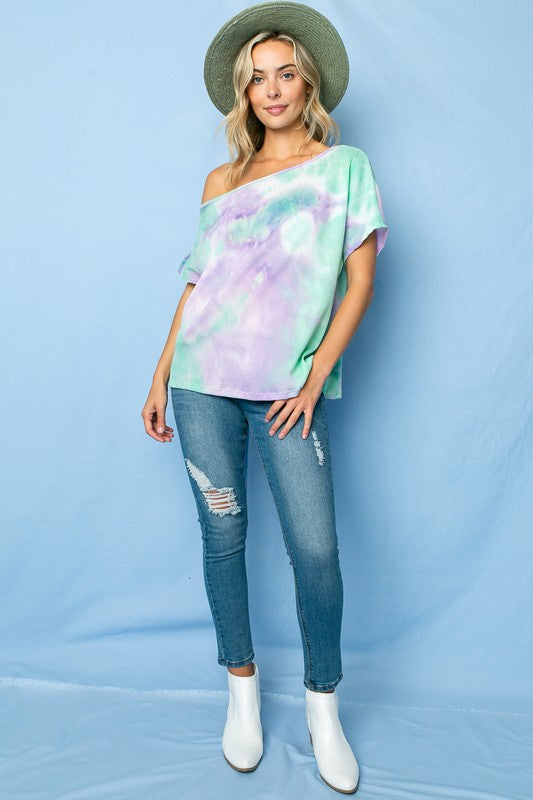 e Luna Tie Dye Thermal One Shoulder Short Sleeve Top