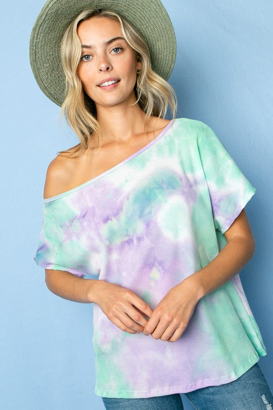 e Luna Tie Dye Thermal One Shoulder Short Sleeve Top