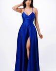 La Scala Open Side Back Spaghetti Tie Satin Gown