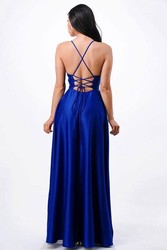 La Scala Open Side Back Spaghetti Tie Satin Gown