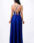 La Scala Open Side Back Spaghetti Tie Satin Gown