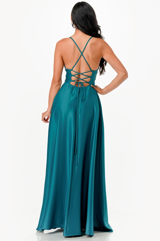 La Scala Open Side Back Spaghetti Tie Satin Gown