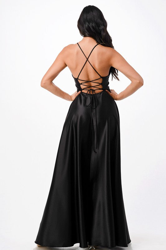 La Scala Open Side Back Spaghetti Tie Satin Gown