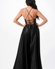 La Scala Open Side Back Spaghetti Tie Satin Gown