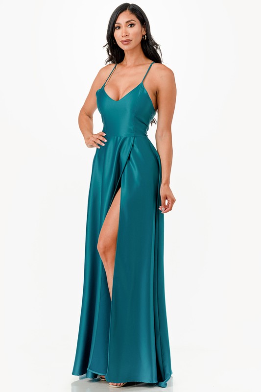 La Scala Open Side Back Spaghetti Tie Satin Gown