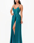 La Scala Open Side Back Spaghetti Tie Satin Gown