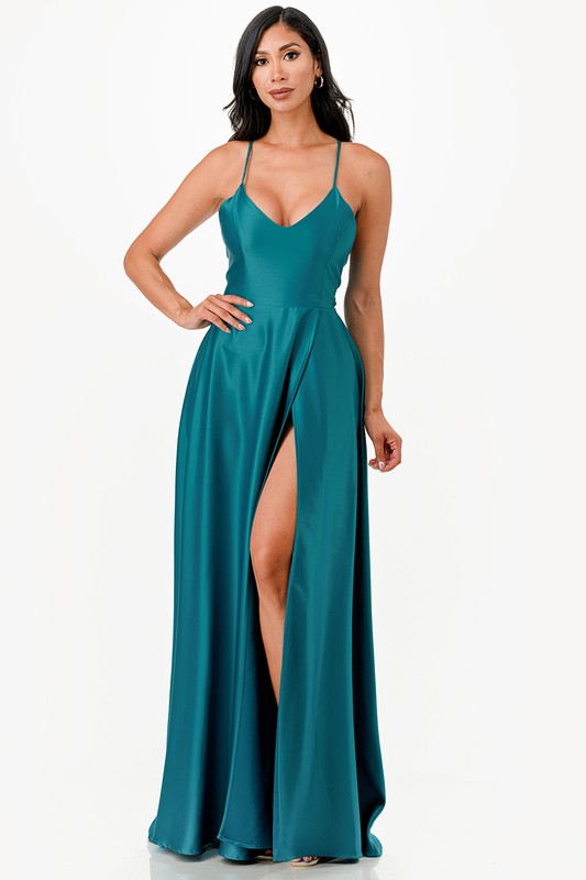 La Scala Open Side Back Spaghetti Tie Satin Gown