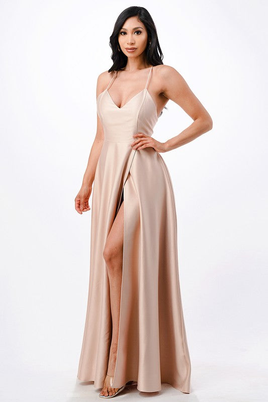 La Scala Open Side Back Spaghetti Tie Satin Gown