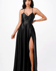 La Scala Open Side Back Spaghetti Tie Satin Gown