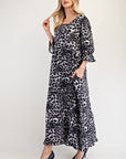 Celeste Full Size Leopard Round Neck Flounce Sleeve Dress