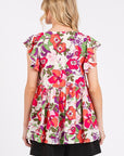 Mittoshop Floral V-Neck Ruffled Cap Sleeve Blouse