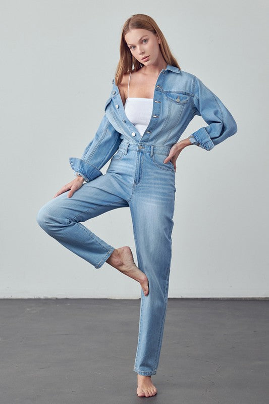 Denim Lab USA High Waist Flap Pocket Half Button Denim Jumpsuit