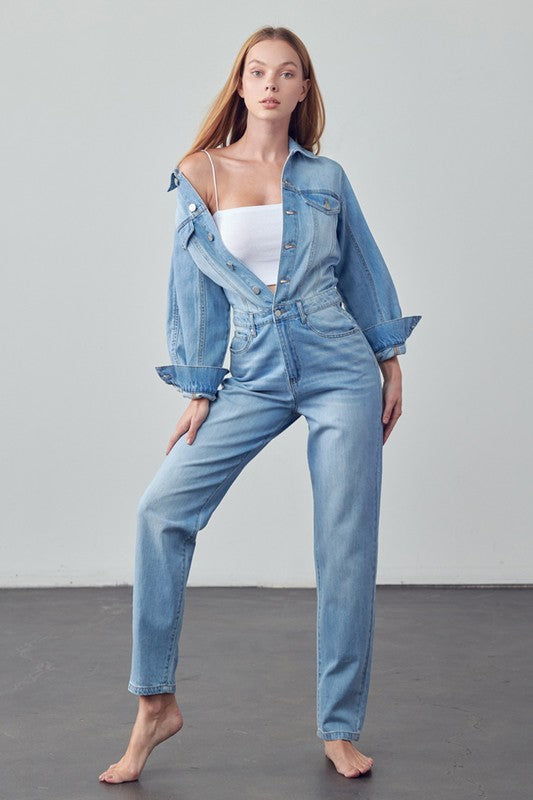 Denim Lab USA High Waist Flap Pocket Half Button Denim Jumpsuit