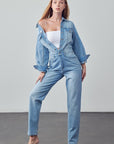 Denim Lab USA High Waist Flap Pocket Half Button Denim Jumpsuit