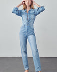 Denim Lab USA High Waist Flap Pocket Half Button Denim Jumpsuit