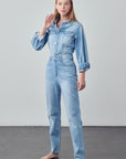 Denim Lab USA High Waist Flap Pocket Half Button Denim Jumpsuit