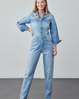 Denim Lab USA High Waist Flap Pocket Half Button Denim Jumpsuit