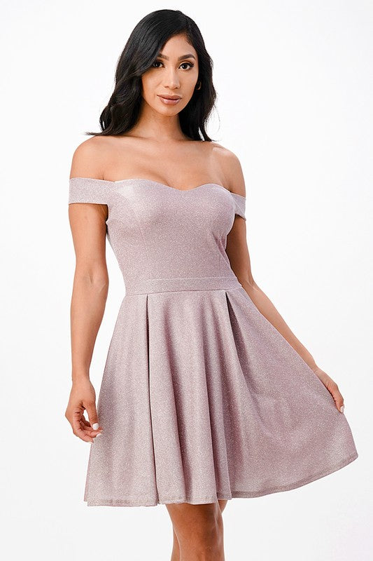 La Scala Off Shoulder Skater Dress in Jacquard Fabric