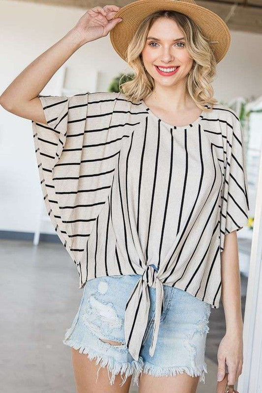 Jade By Jane PLUS Striped Print Tie Hem Sleeve Top