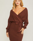 Love Tree Off Shoulder Wrap Belted Ribbed Knit Dress