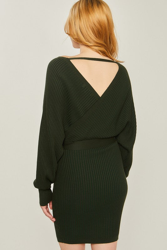 Love Tree Off Shoulder Wrap Belted Ribbed Knit Dress