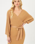 Love Tree Off Shoulder Wrap Belted Ribbed Knit Dress